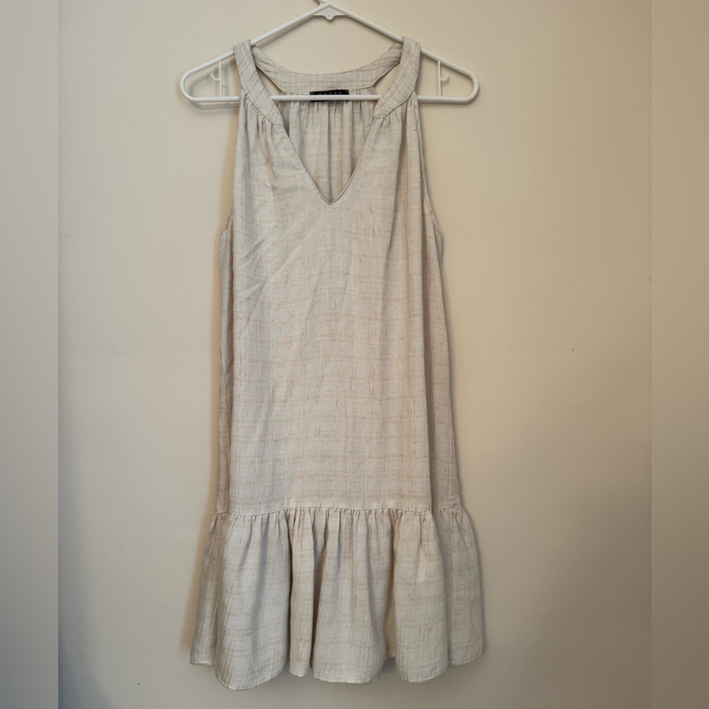 Maven West Linen Blend Sleeveless V-Neck Ruffle Hem Dress Size Small Beige Boho